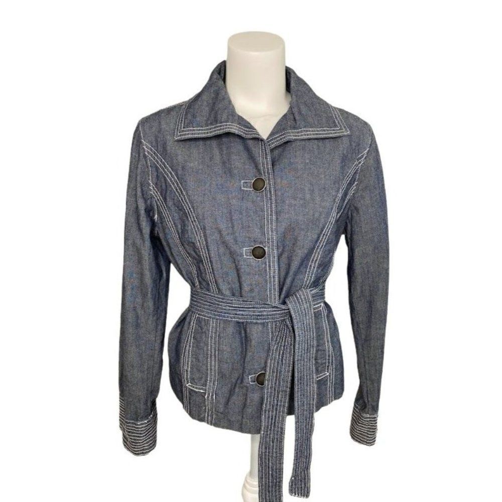 CHICOS Dark Wash Denim Chambray Button Down Belted Cotton Jacket sz 1 Medium 8